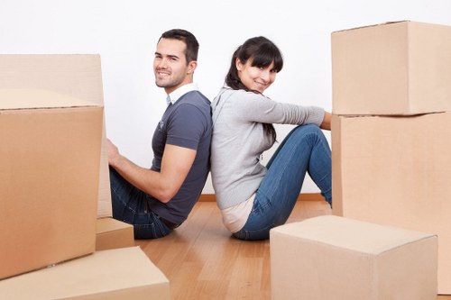 Packed office items ready for a commercial relocation service